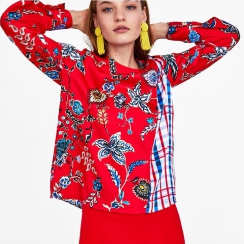 NWT ZARA Red Bird Paisley Floral Plaid Patchwork Blouse Top Medium